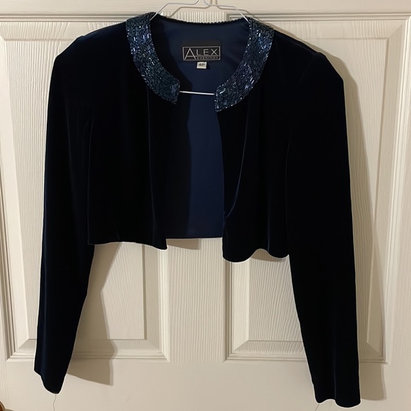 Alex Dark Navy Blue velvet dress with short matching jacket with beads size 4P - Picture 6 of 12